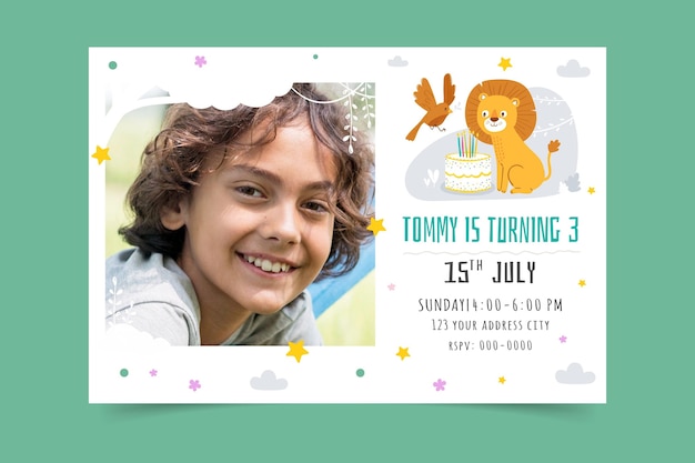 Hand drawn animals birthday invitation template with photo