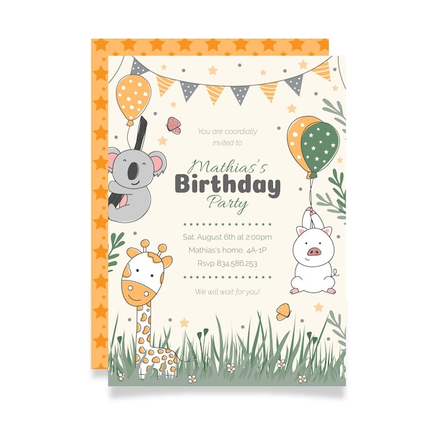 Free Vector hand drawn animals birthday invitation template