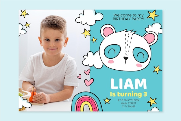 Hand drawn animals birthday invitation with photo template