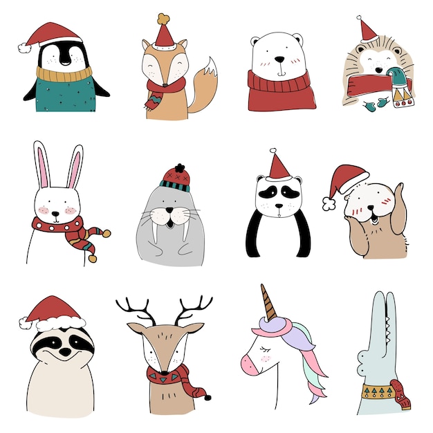 Free Vector hand drawn animals enjoying a christmas holiday