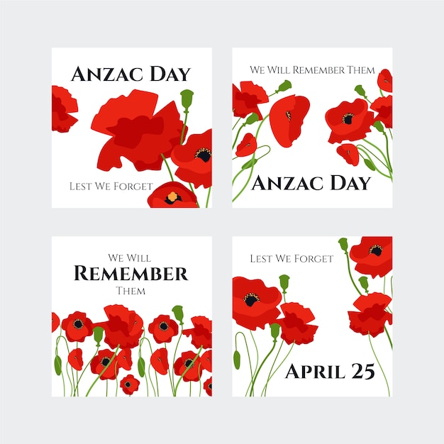 Free Vector hand drawn anzac day instagram posts collection