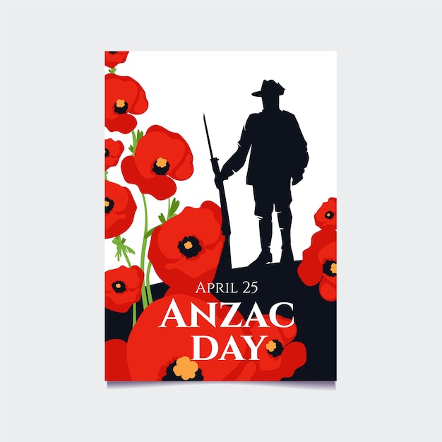 Free Vector hand drawn anzac day vertical poster template with soldier silhouette