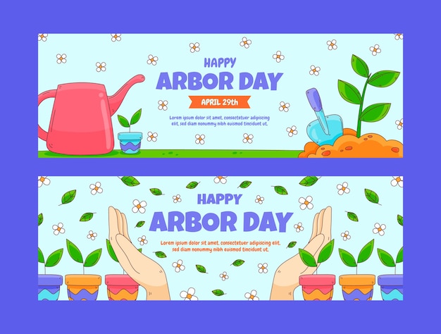 Hand drawn arbor day horizontal banners pack