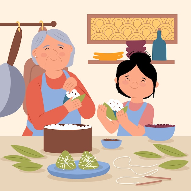 Hand drawn asian family illustration