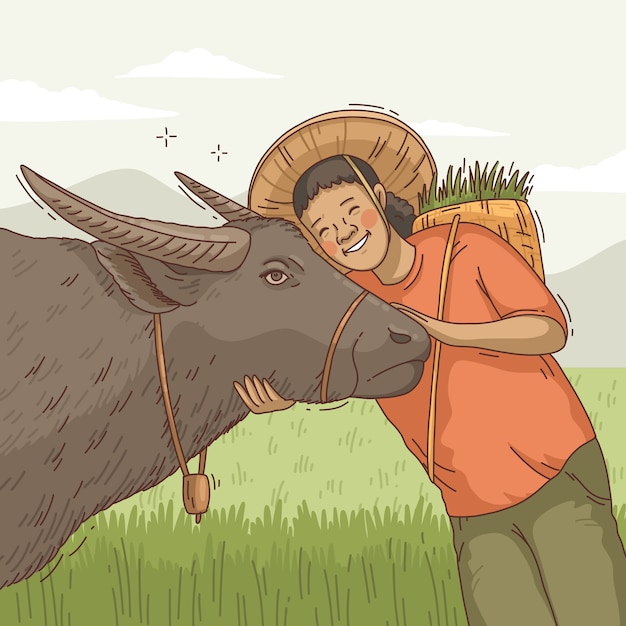 Hand drawn asian farmer illustration