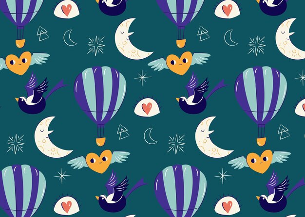 Hand drawn astrological pattern with moon bird and air balloon