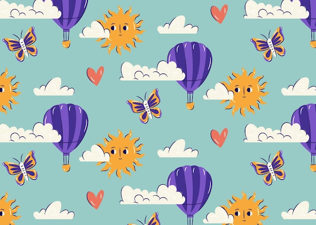 Hand drawn astrological pattern with sun and air balloon