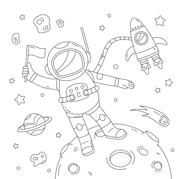 Hand drawn astronaut coloring book illustration