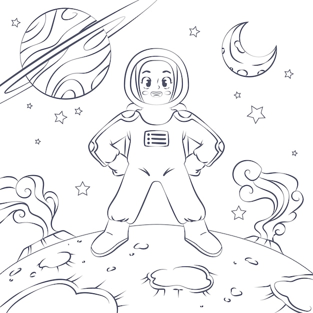 Hand drawn astronaut coloring book illustration