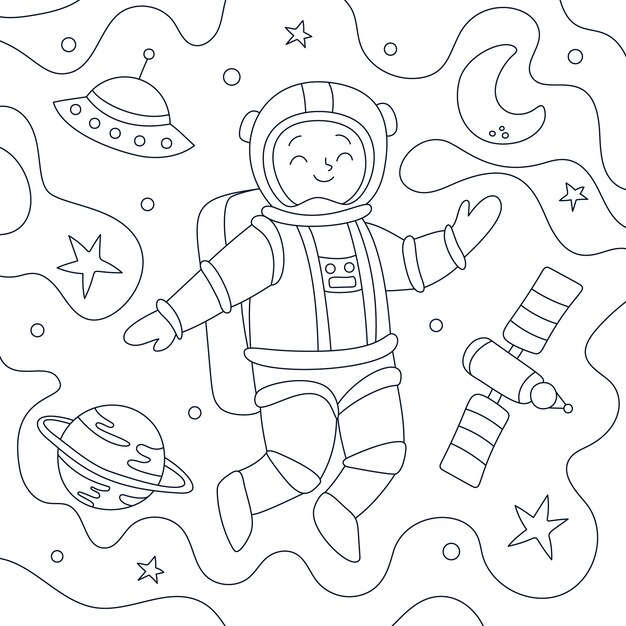 Hand drawn astronaut coloring book illustration