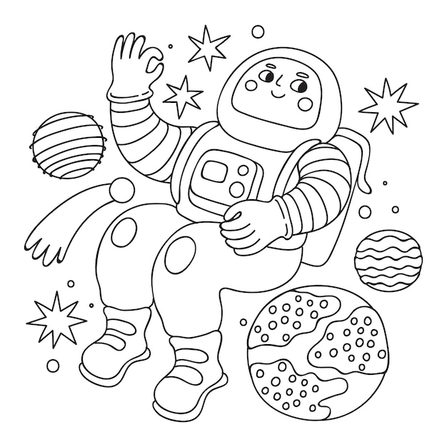 Hand drawn astronaut coloring book illustration