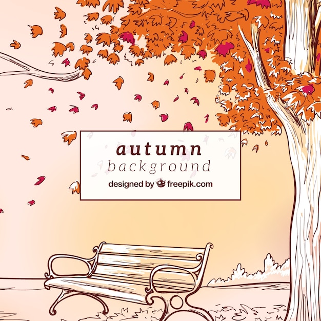 Free vector hand drawn autumn background with bench a tree