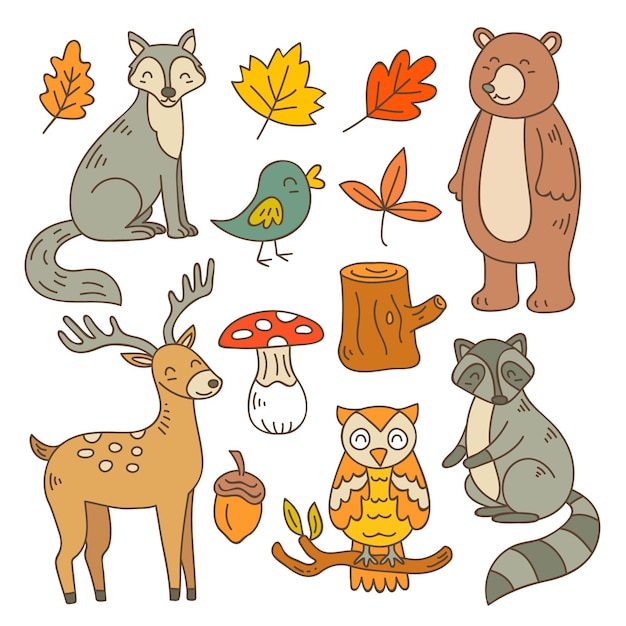 Hand drawn autumn forest animals collection