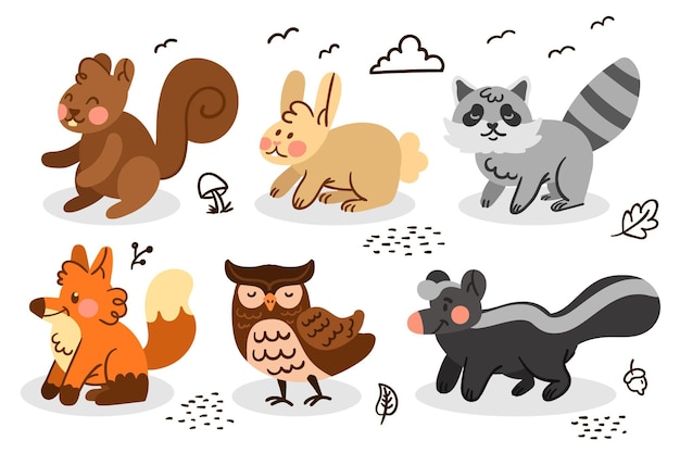 Hand drawn autumn forest animals collection