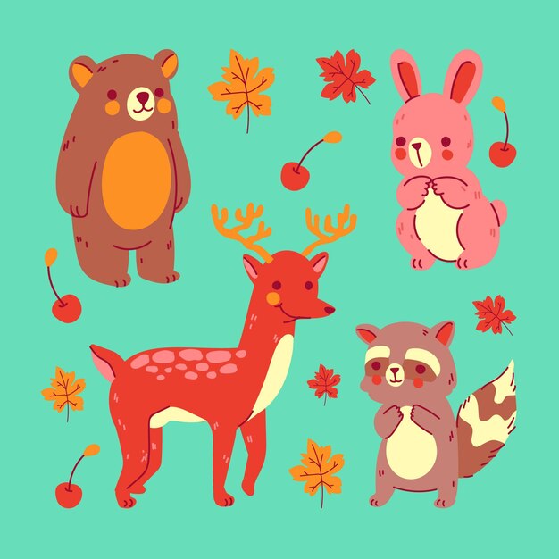 Hand drawn autumn forest animals