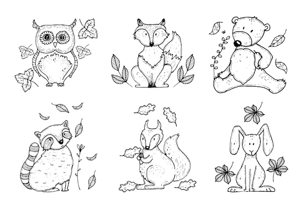 Hand drawn autumn fost animals collection