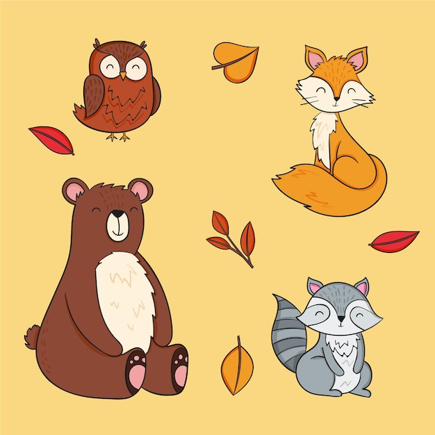 Hand drawn autumn fost animals collection