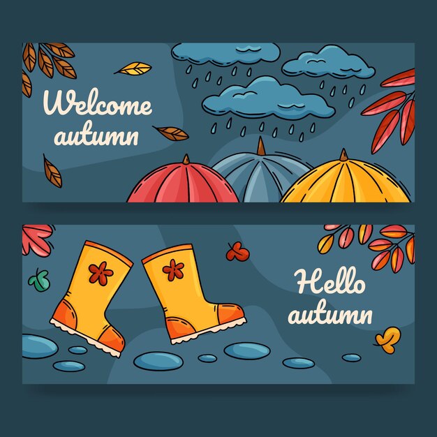 Hand drawn autumn horizontal banners set