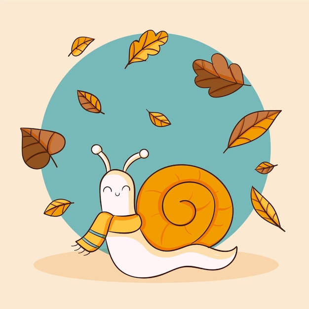 Hand drawn autumn illustration with snail wearing foulard