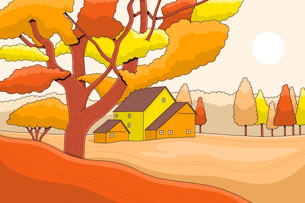 Free vector hand drawn autumn landscape with house