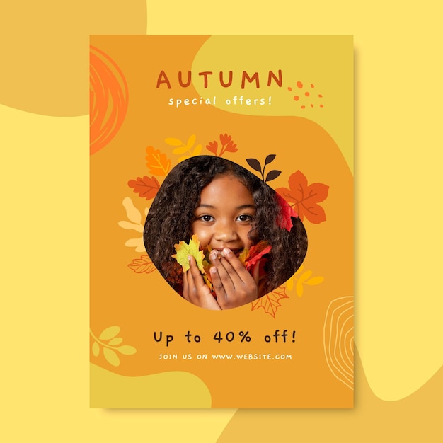 Hand drawn autumn vertical flyer template with photo