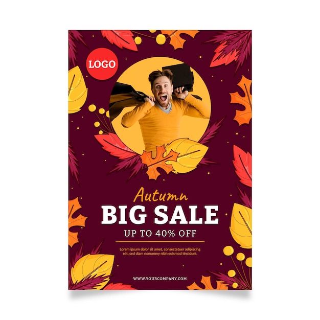 Hand drawn autumn vertical sale poster template with photo