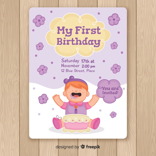 Free vector hand drawn baby girl first birthday card