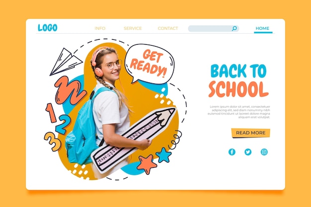 Hand drawn back to school landing page template with photo