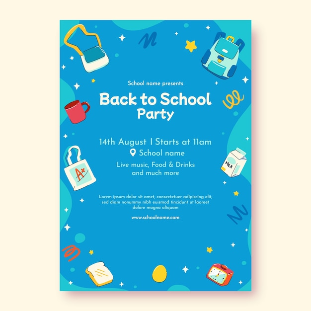 Hand drawn back to school party poster template with school supplies