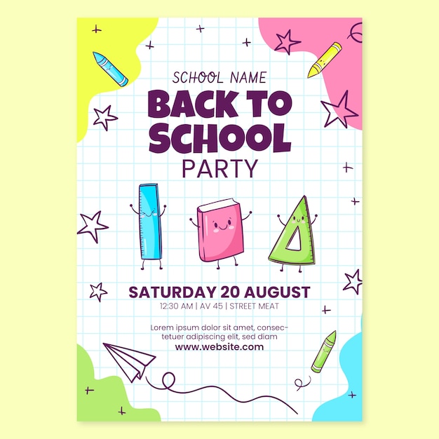 Hand drawn back to school party vertical poster template