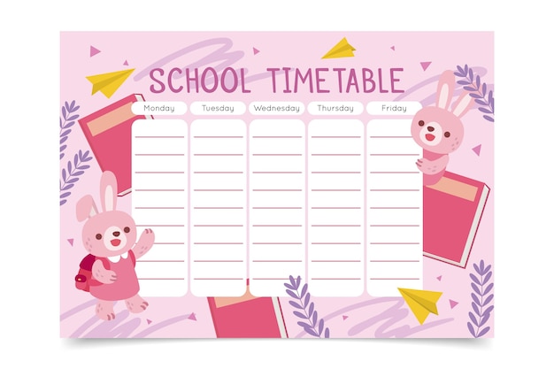 Hand drawn back to school timetable with bunnies