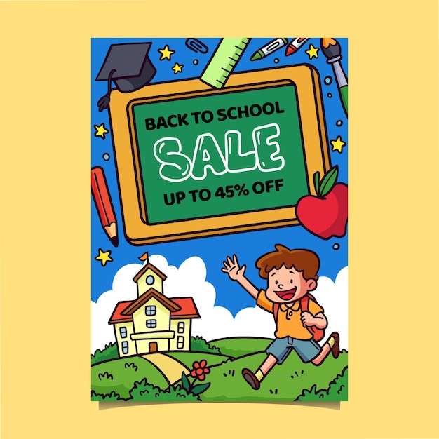 Hand drawn back to school vertical sale flyer template