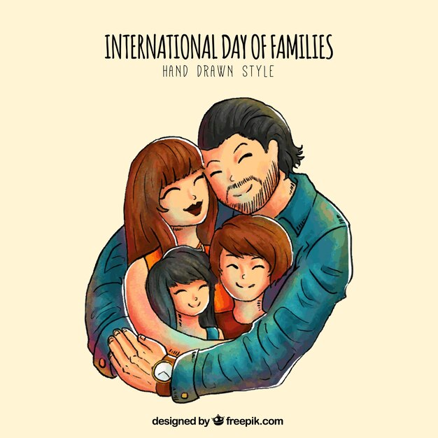 Hand-drawn background of father embracing his family