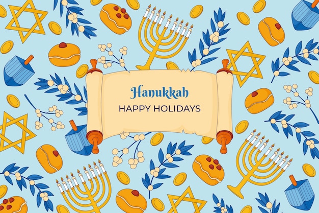 Hand drawn background for hanukkah celebration with menorahs