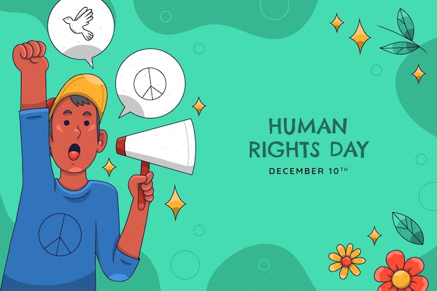 Hand drawn background for human rights day celebration with man holding megaphone