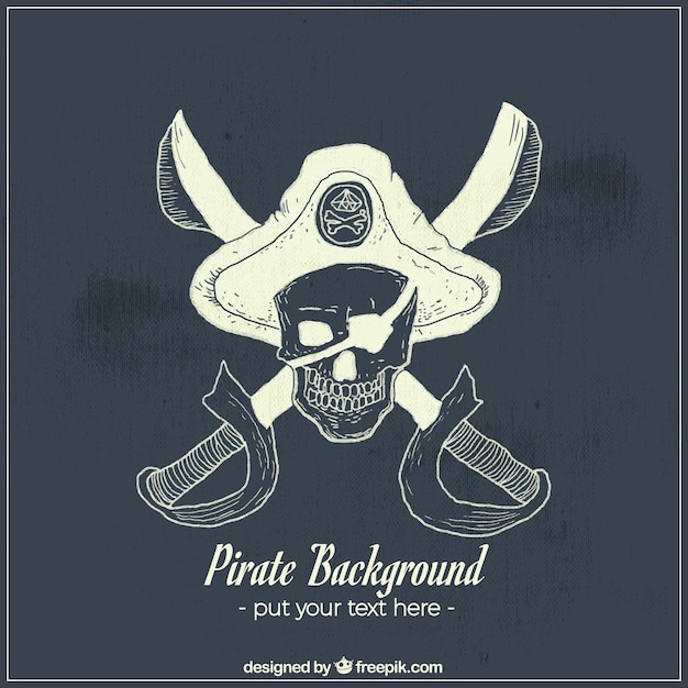 Hand-drawn background of pirate skull with swords and hat