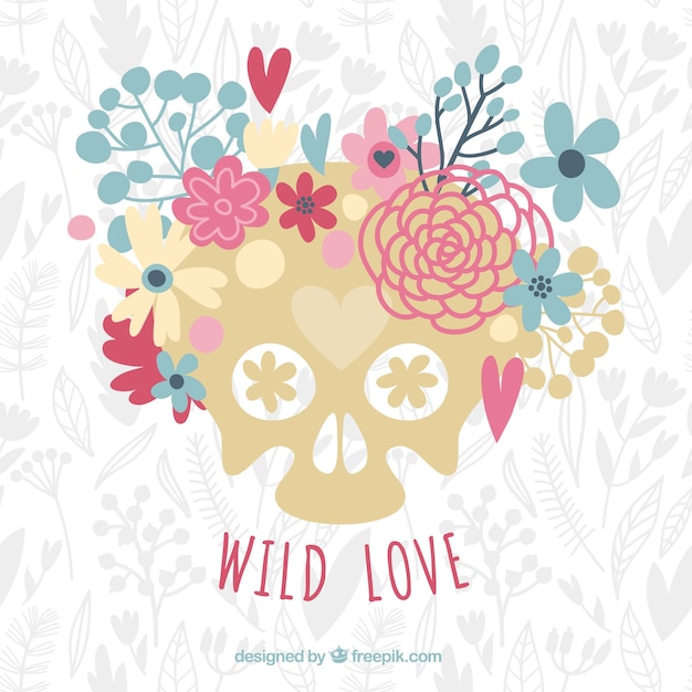 Hand-drawn background of skull with decorative flowers