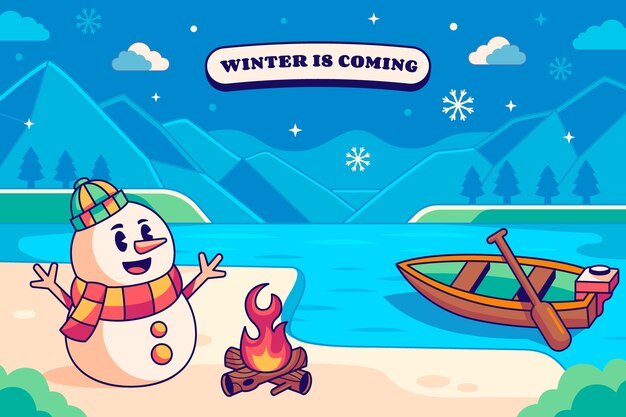 Hand drawn background for winter season with snowman and campfire