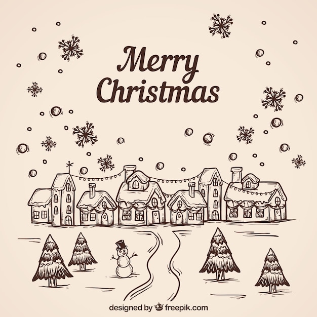 Hand drawn background with a brown contour of a christmas city