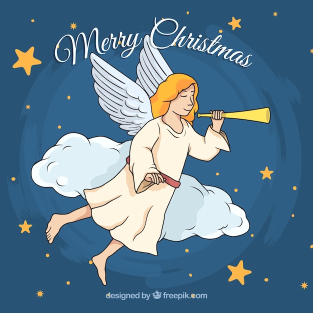 Hand drawn background with a christmas angel playing the flute