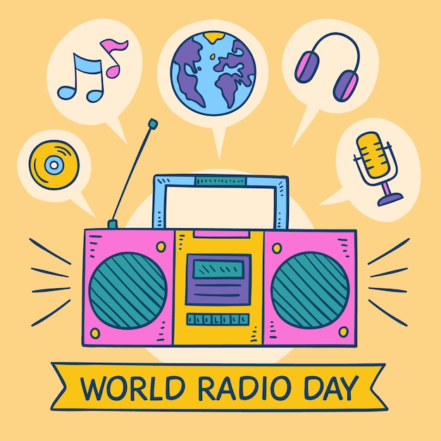 Free Vector hand drawn background world radio day