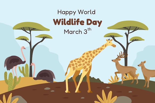 Hand drawn background for world wildlife day with flora and fauna