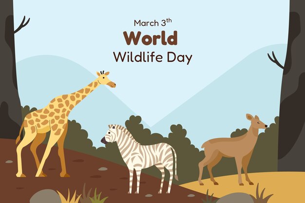 Hand drawn background for world wildlife day with flora and fauna