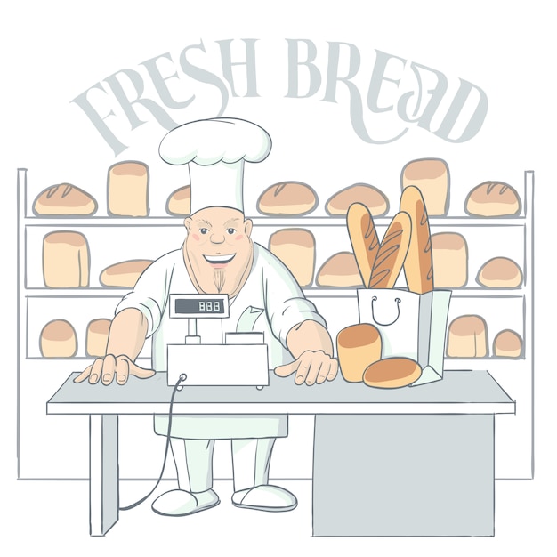 Hand Drawn Baker Character In Shop Illustration