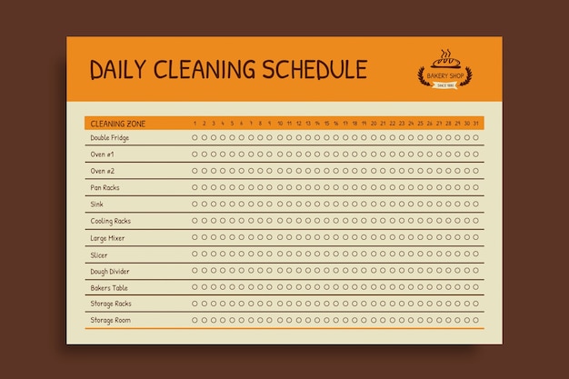 Hand-drawn bakery 1880 daily cleaning schedule