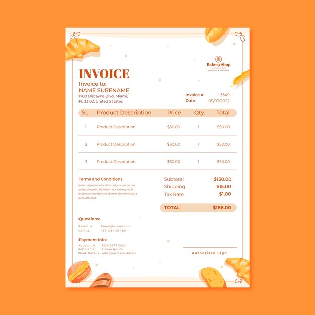 Hand drawn bakery shop invoice template