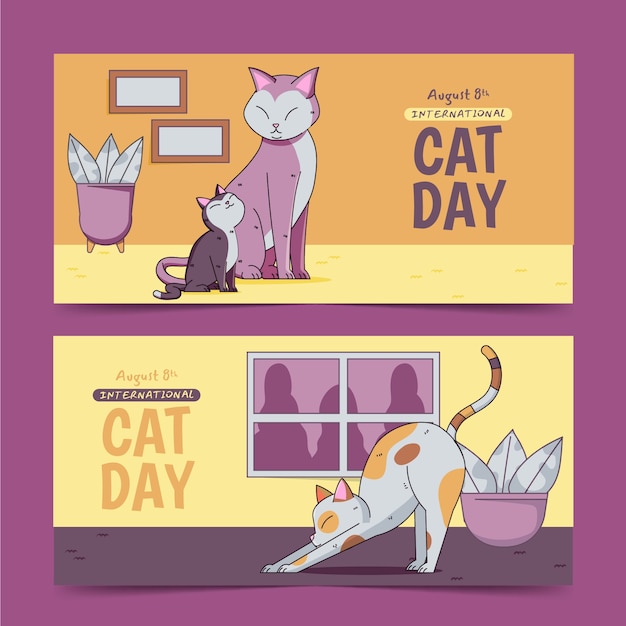 Hand drawn banners set for international cat day celebration