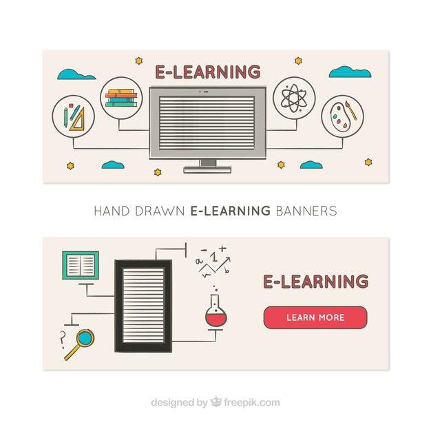 Hand-drawn banners with digital learning elements