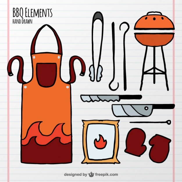 Free Vector hand drawn bbq elements and apron 