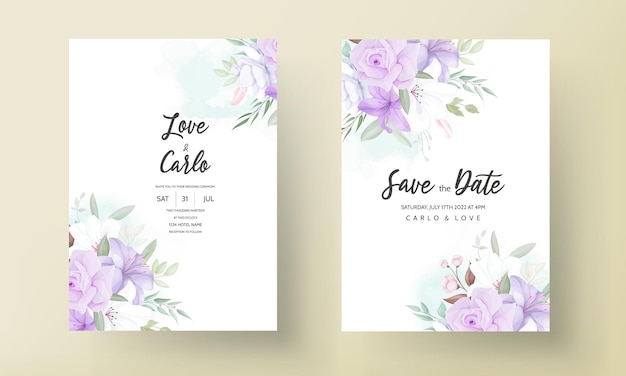 Hand drawn beautiful purple floral wedding invitation template